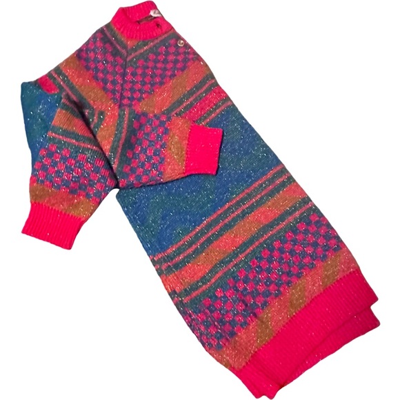 Vintage 1980's Italian Mohair Wool Bright Colored Geometric Long Sleeve Sweater - Picture 5 of 15